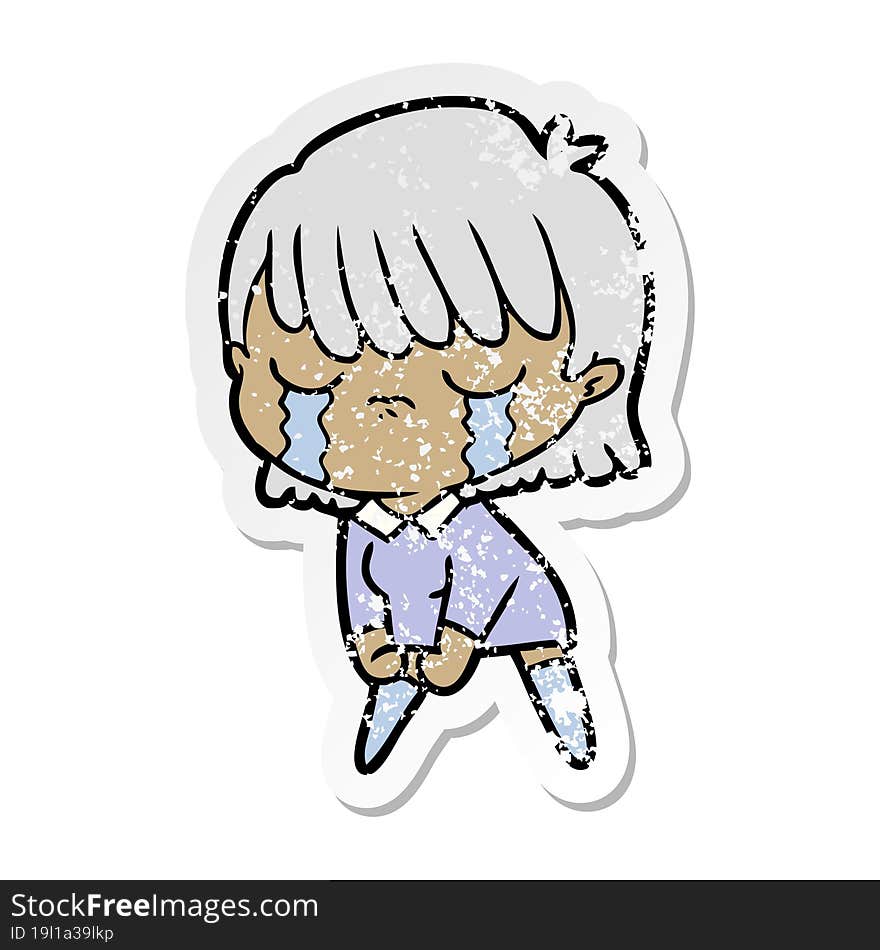 distressed sticker of a cartoon woman crying