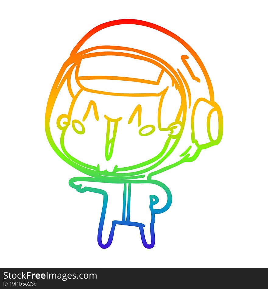 rainbow gradient line drawing of a happy cartoon astronaut pointing