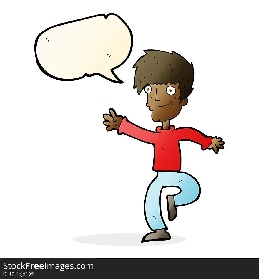 cartoon happy man dancing with speech bubble