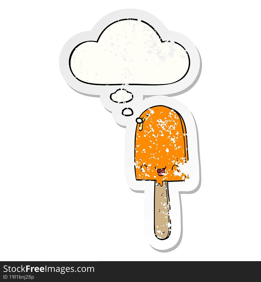 cartoon ice lolly with thought bubble as a distressed worn sticker