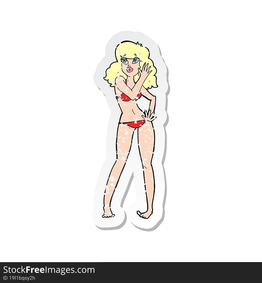 retro distressed sticker of a cartoon pretty woman in bikini