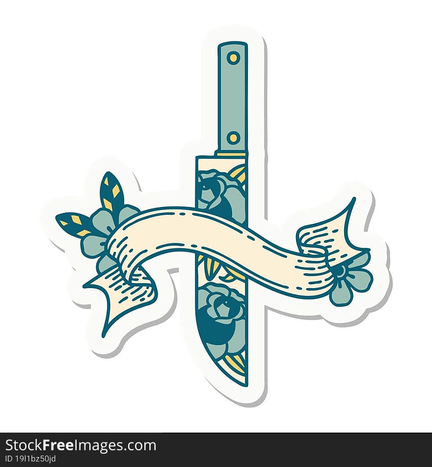 Tattoo Sticker With Banner Of A Dagger And Flowers