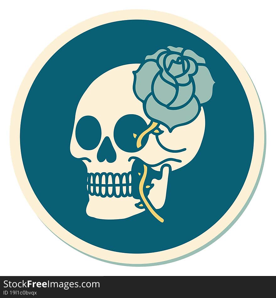 sticker of tattoo in traditional style of a skull and rose. sticker of tattoo in traditional style of a skull and rose