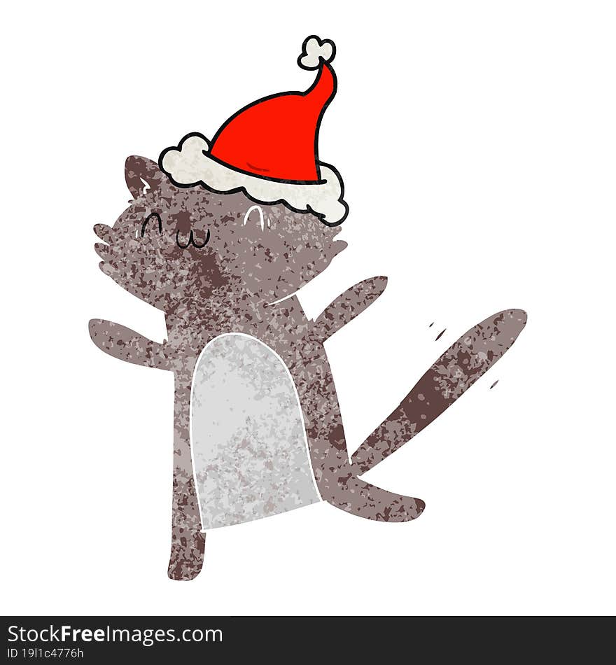 hand drawn retro cartoon of a dancing cat wearing santa hat