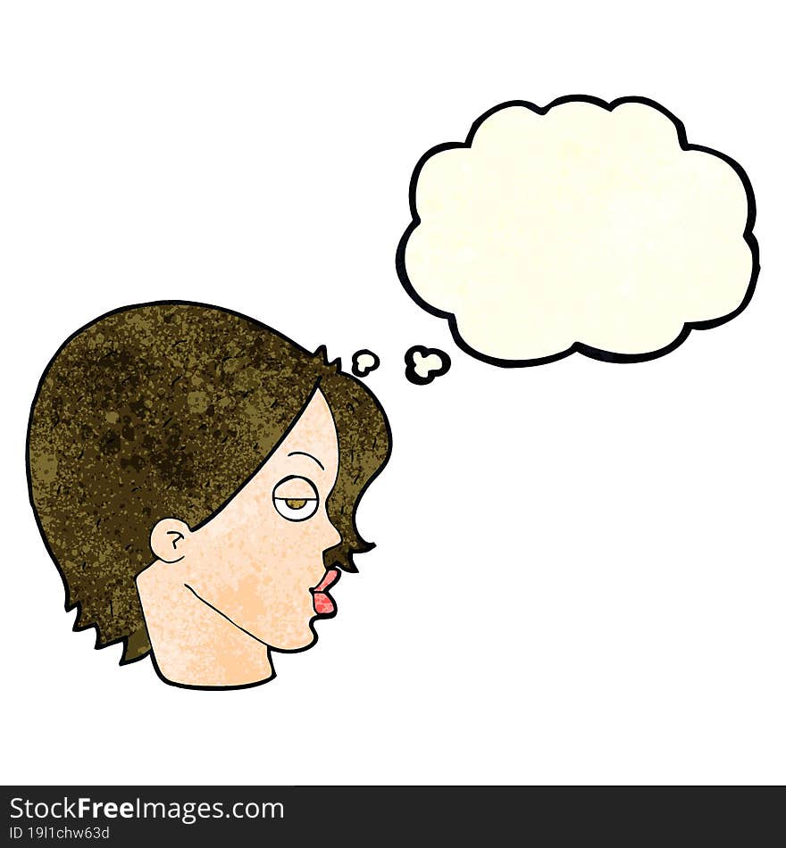 cartoon woman raising eyebrow with thought bubble