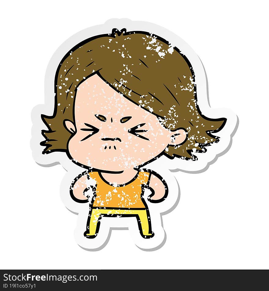 distressed sticker of a cartoon angry girl