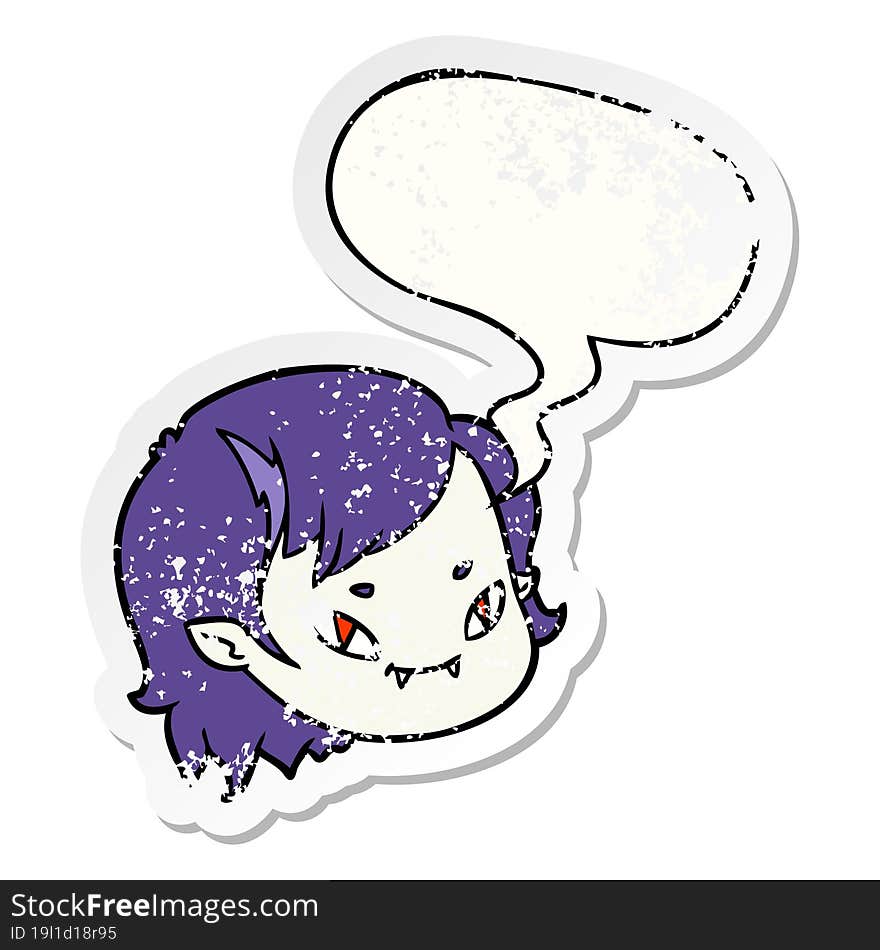 cartoon vampire girl face with speech bubble distressed distressed old sticker. cartoon vampire girl face with speech bubble distressed distressed old sticker