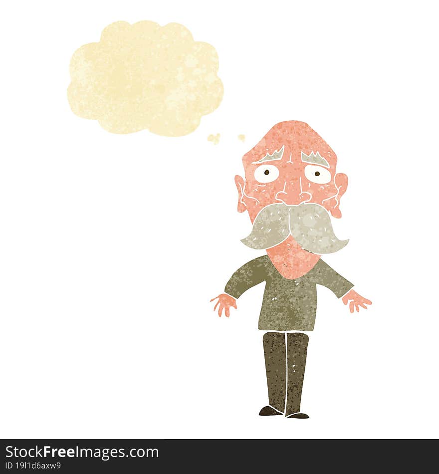 cartoon sad old man with thought bubble