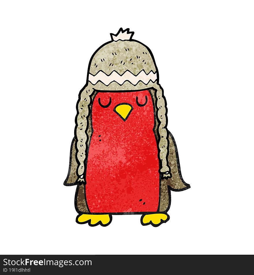 textured cartoon robin wearing winter hat