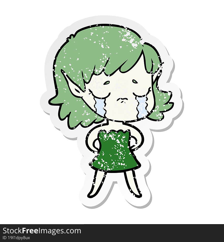 Distressed Sticker Of A Crying Cartoon Elf Girl