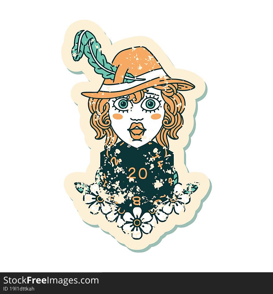 human bard with natural 20 dice roll grunge sticker