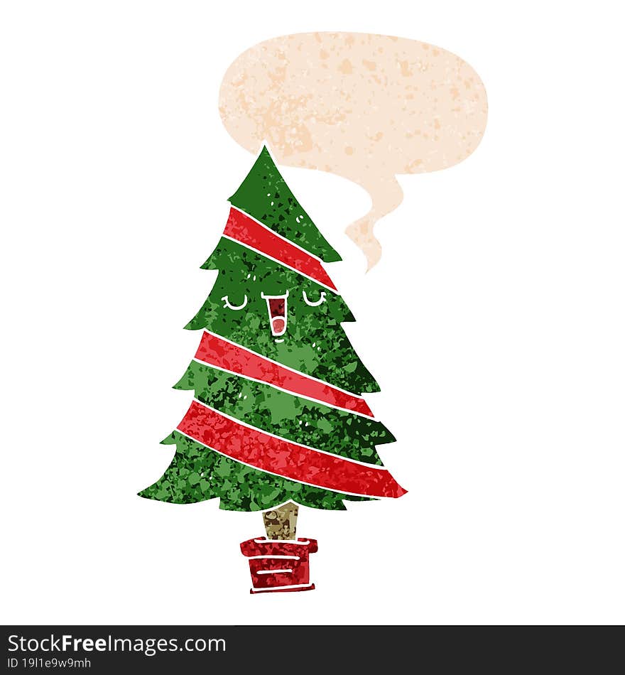 cartoon christmas tree with speech bubble in grunge distressed retro textured style. cartoon christmas tree with speech bubble in grunge distressed retro textured style