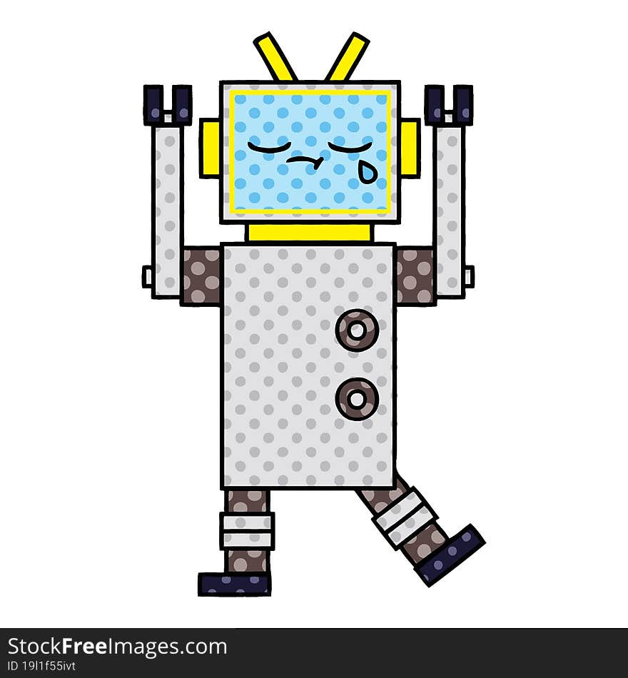 comic book style cartoon of a crying robot