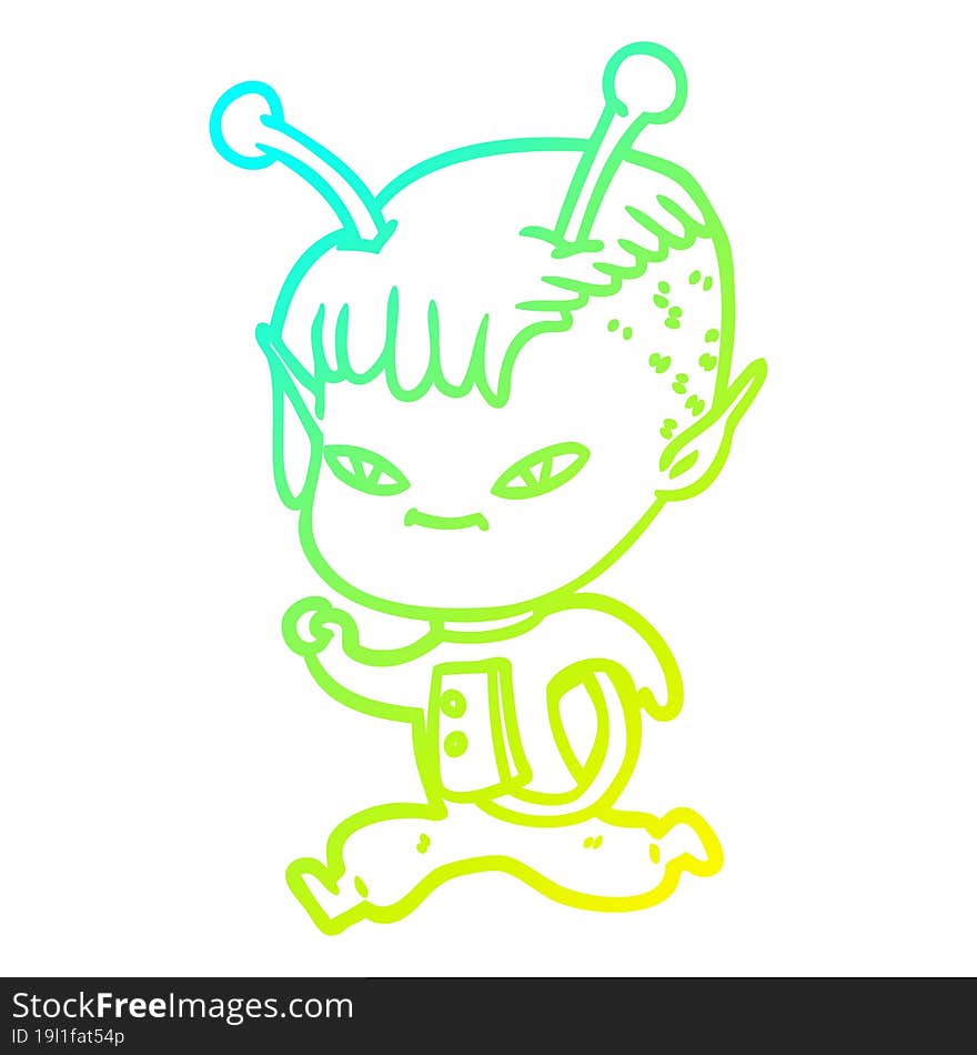 cold gradient line drawing of a cute cartoon alien girl