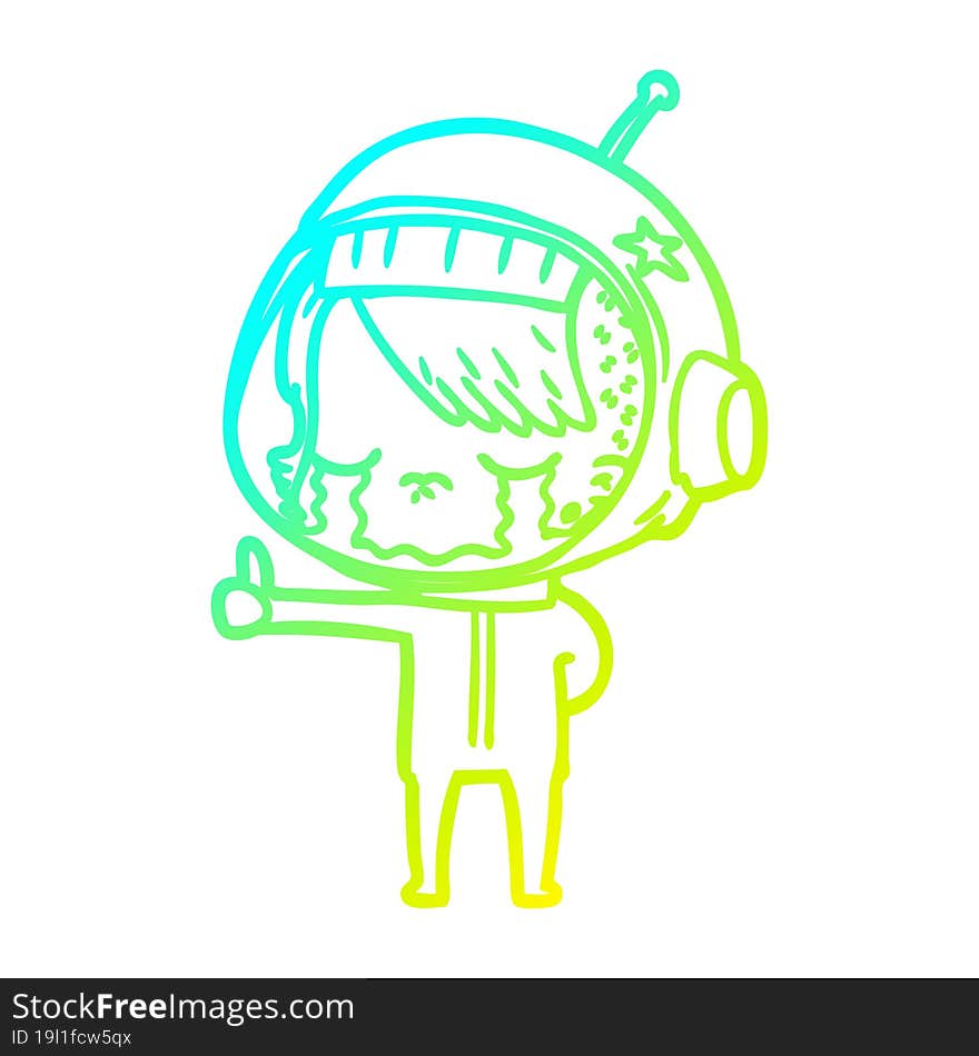 cold gradient line drawing cartoon crying astronaut girl making thumbs up sign