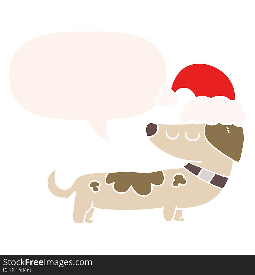 cartoon dog wearing christmas hat and speech bubble in retro style