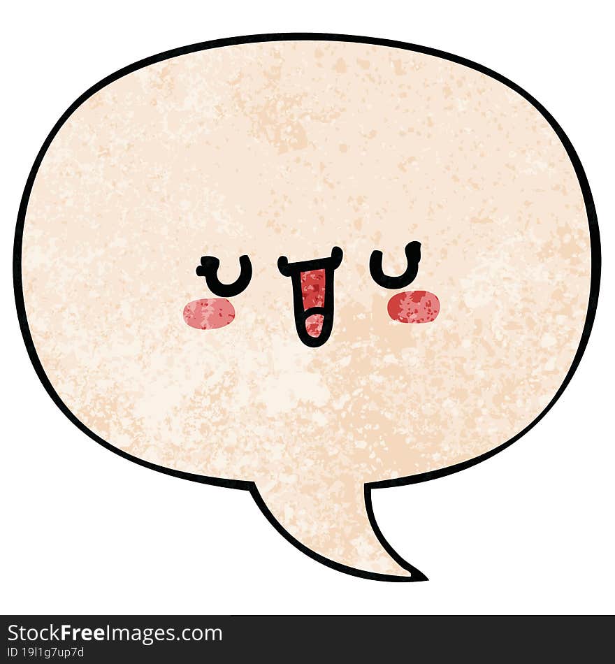 happy cartoon face with speech bubble in retro texture style