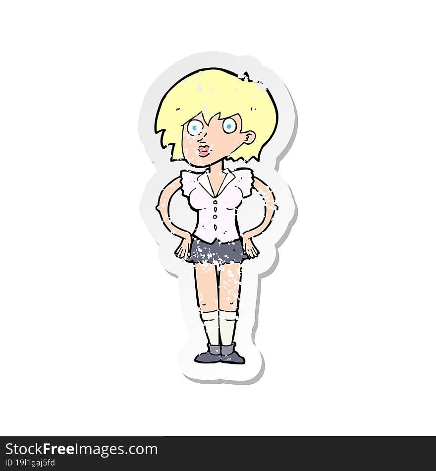 retro distressed sticker of a cartoon surprised woman with hands on hips