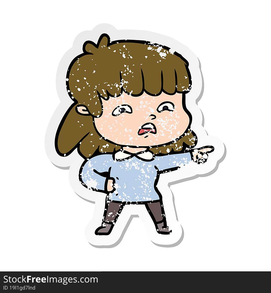 distressed sticker of a cartoon worried woman