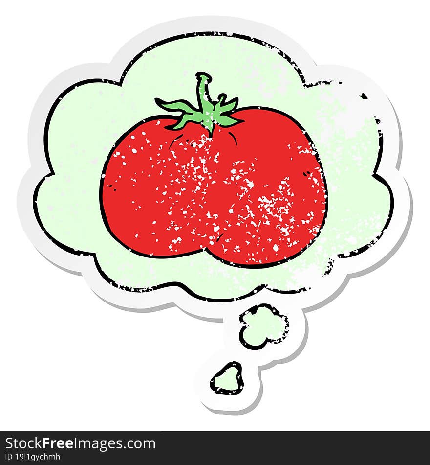 cartoon tomato and thought bubble as a distressed worn sticker