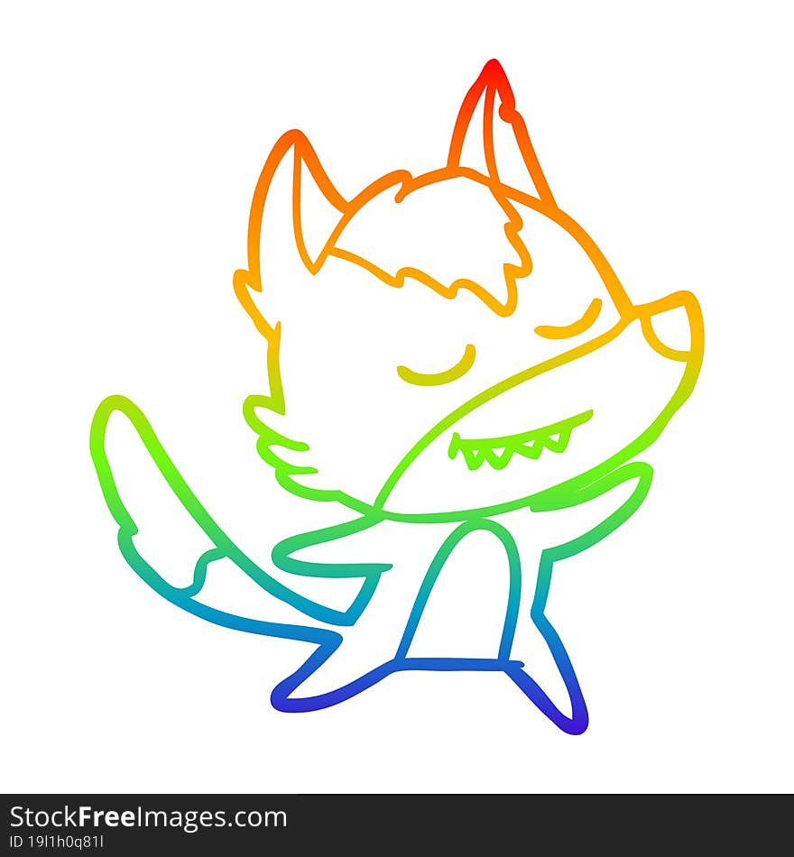 rainbow gradient line drawing of a friendly cartoon wolf dancing