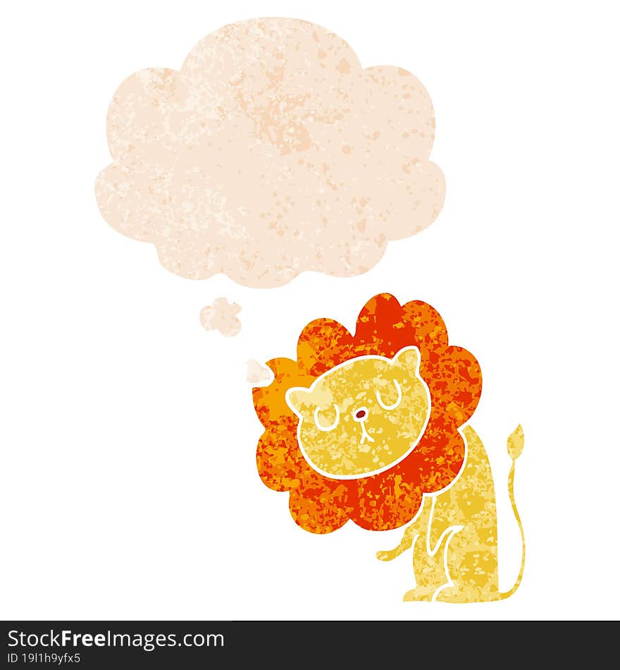 cute cartoon lion and thought bubble in retro textured style