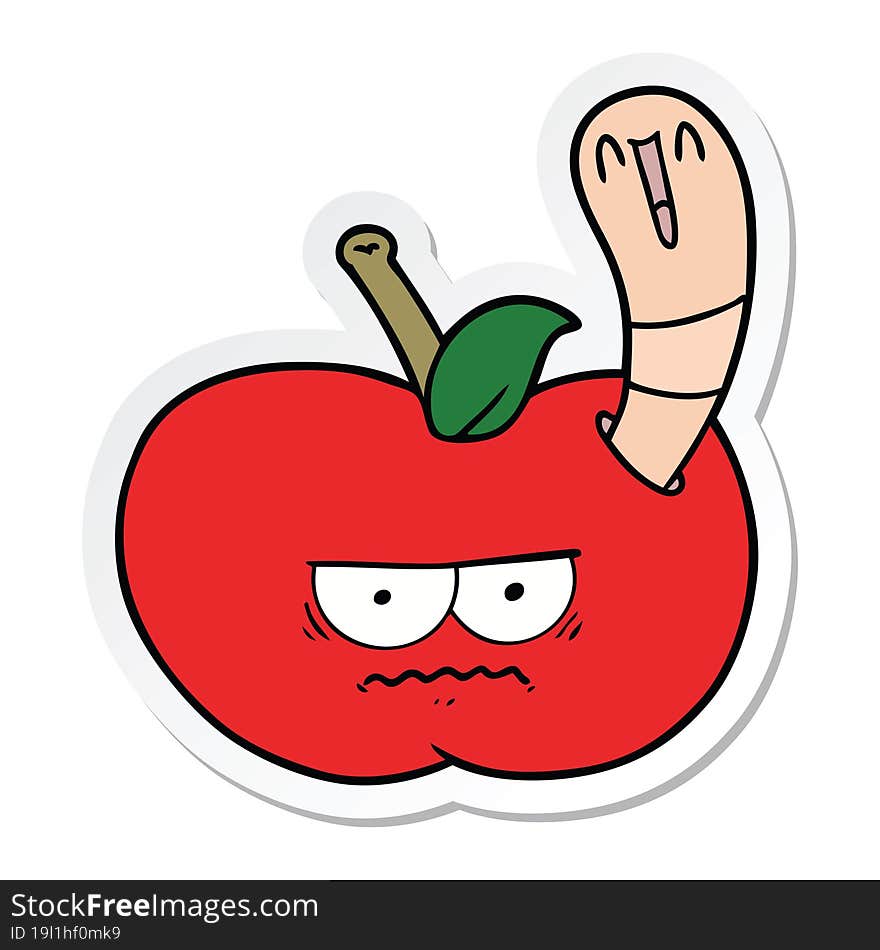 sticker of a cartoon worm eating an angry apple