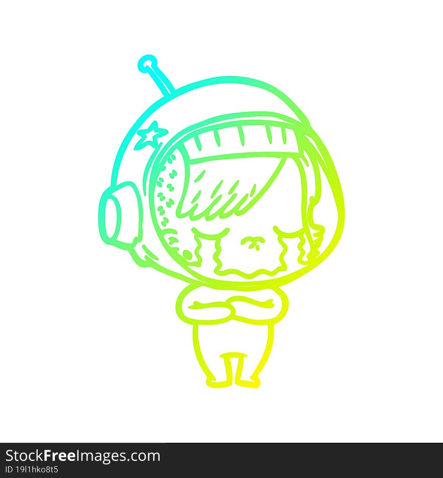 cold gradient line drawing cartoon crying astronaut girl