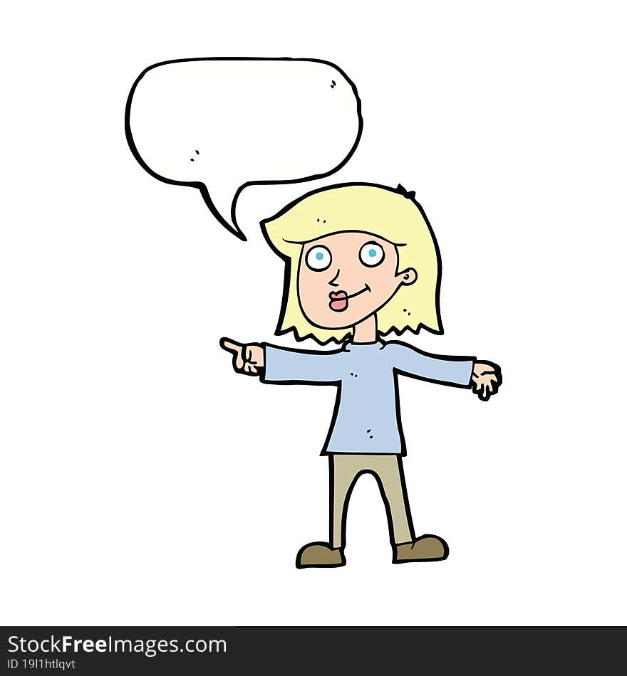 Cartoon Happy Woman Pointing With Speech Bubble