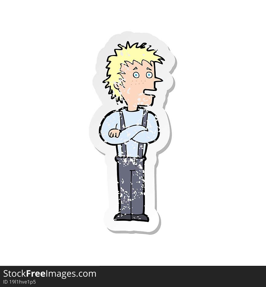 retro distressed sticker of a cartoon boy with folded arms