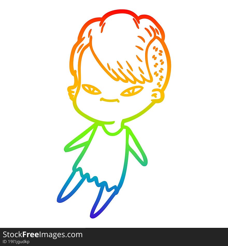 Rainbow Gradient Line Drawing Cute Cartoon Girl With Hipster Haircut