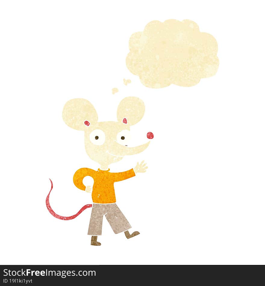 cartoon waving mouse with thought bubble