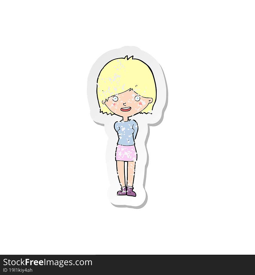 retro distressed sticker of a cartoon friendly woman