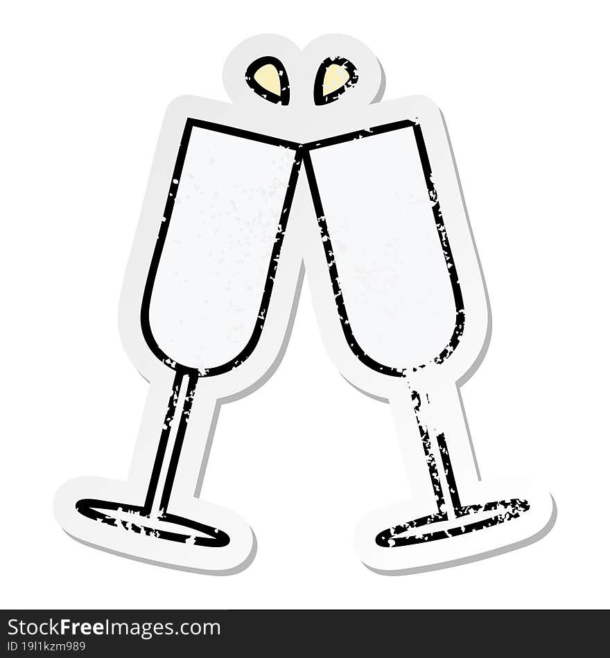 distressed sticker of a cute cartoon clinking champagne flutes