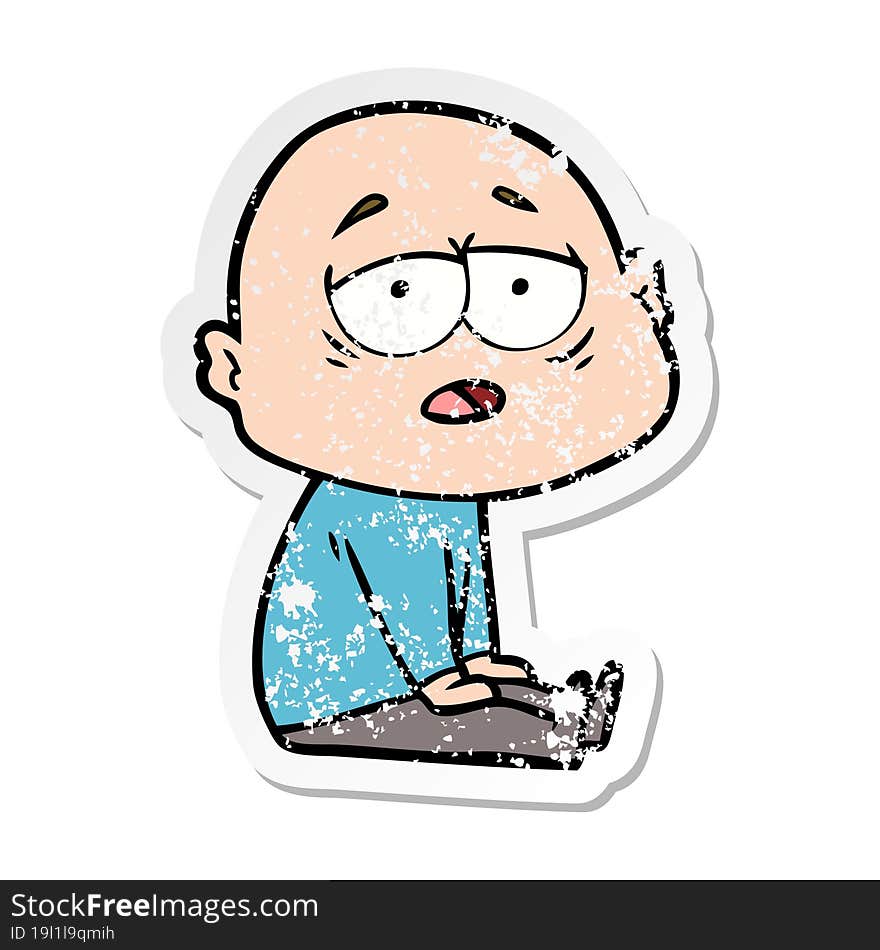 Distressed Sticker Of A Cartoon Tired Bald Man