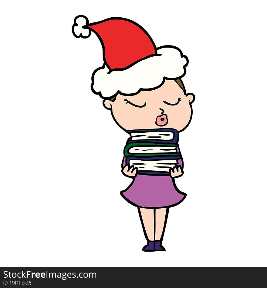 line drawing of a calm woman wearing santa hat