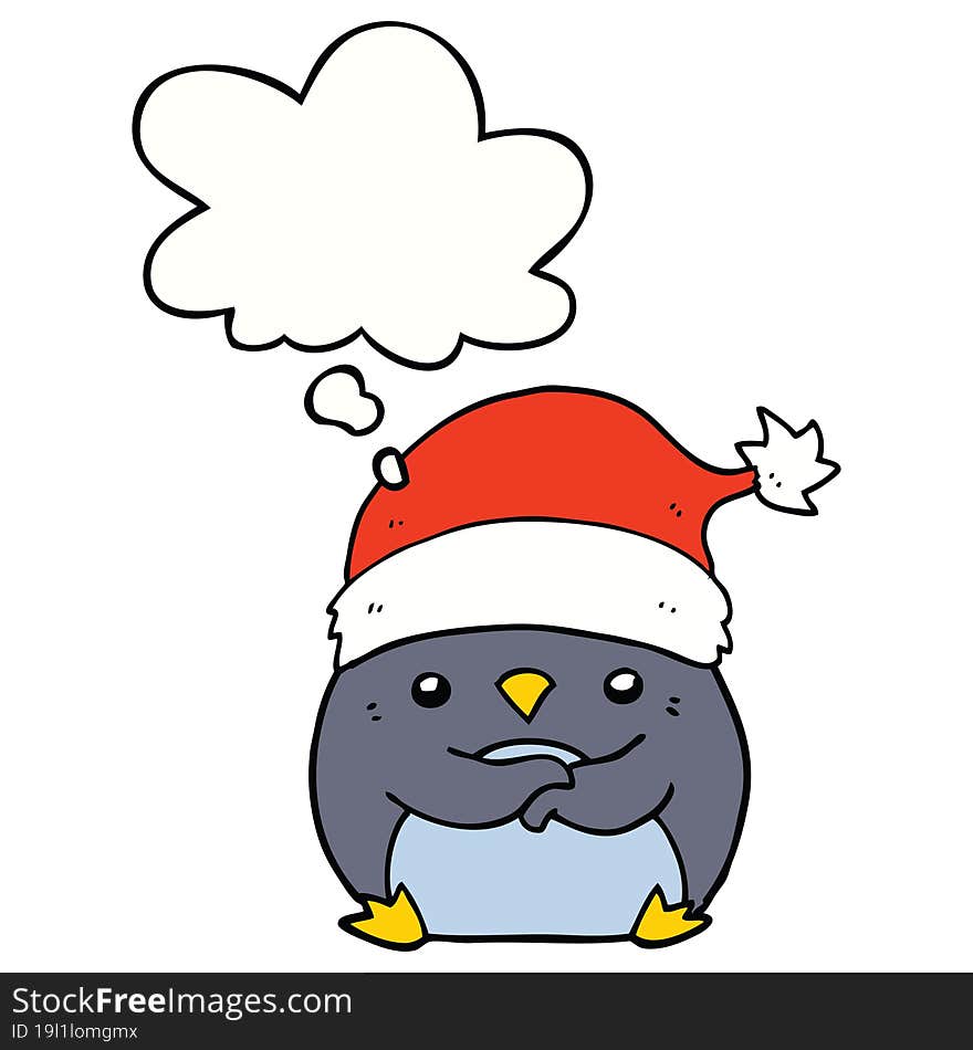 cute cartoon penguin wearing christmas hat and thought bubble