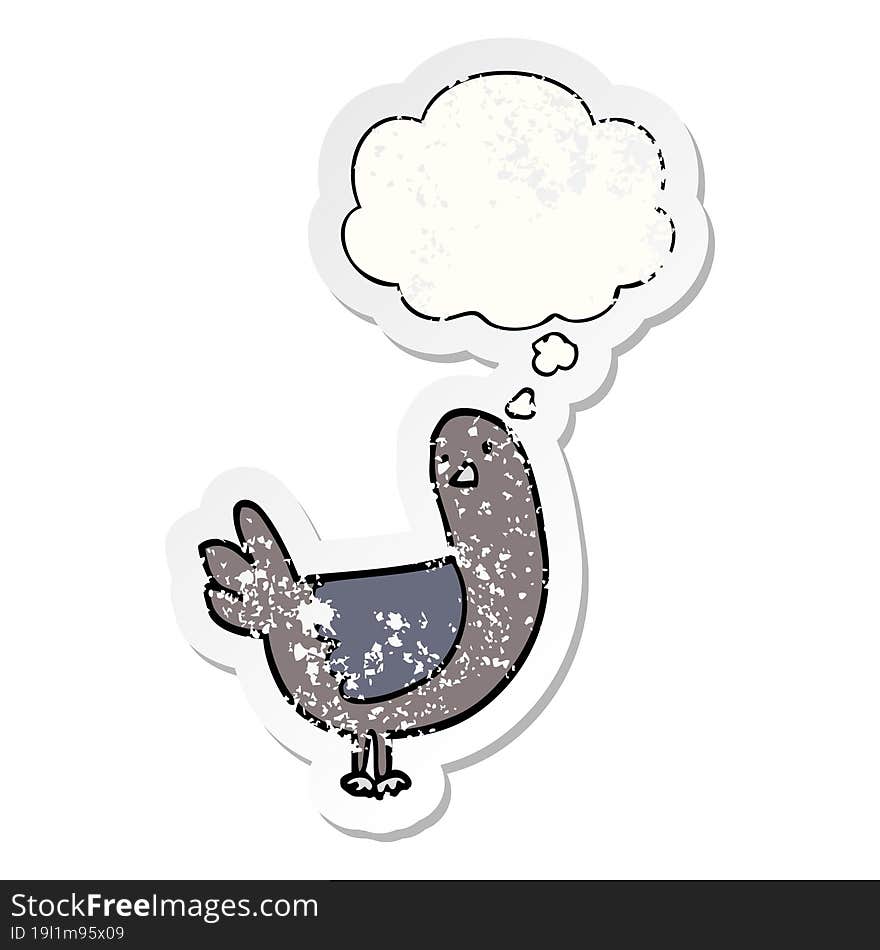 cartoon pigeon and thought bubble as a distressed worn sticker