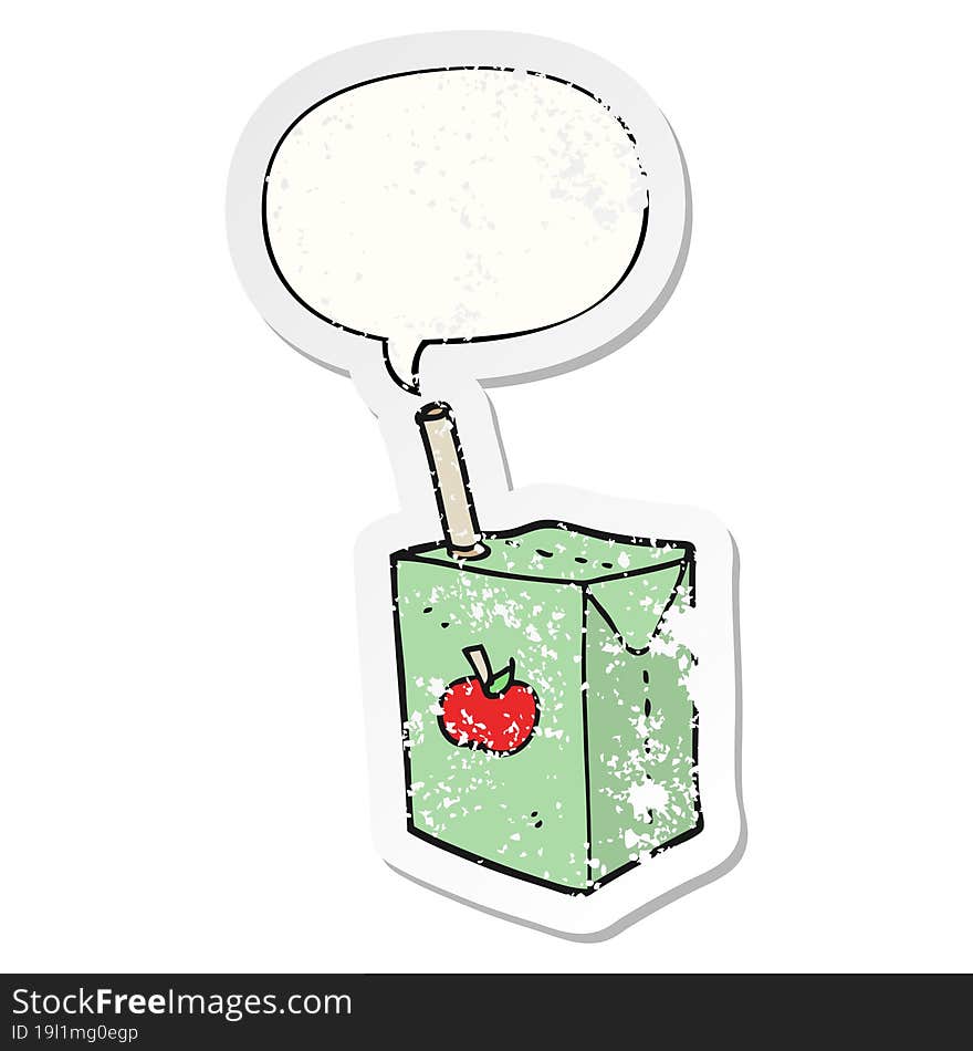 cartoon apple juice box with speech bubble distressed distressed old sticker. cartoon apple juice box with speech bubble distressed distressed old sticker