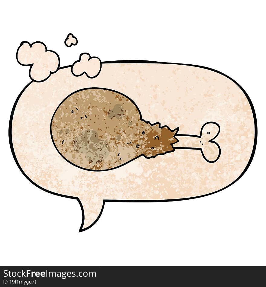 cartoon cooked chicken leg and speech bubble in retro texture style