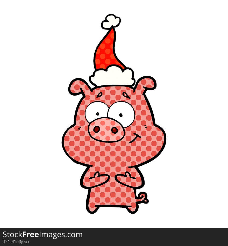 happy comic book style illustration of a pig wearing santa hat