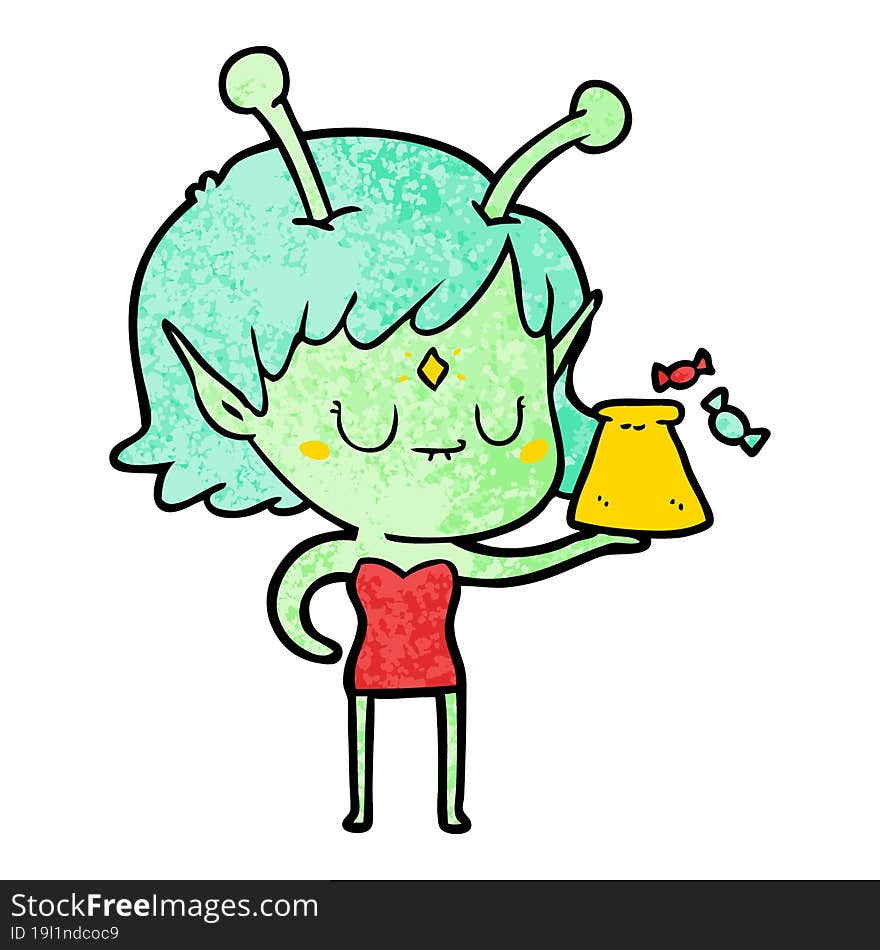 cartoon alien girl with bag of candy. cartoon alien girl with bag of candy