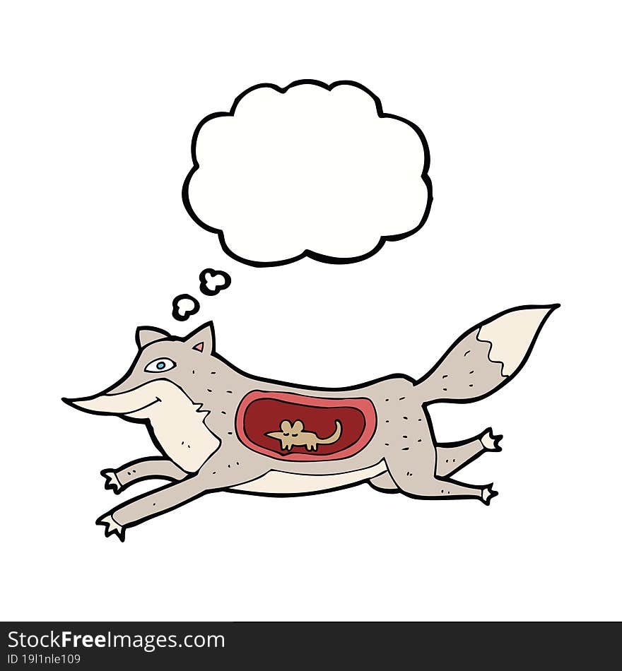 cartoon wolf with mouse in belly with thought bubble