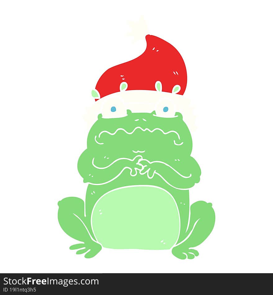 flat color illustration of frog in christmas hat. flat color illustration of frog in christmas hat