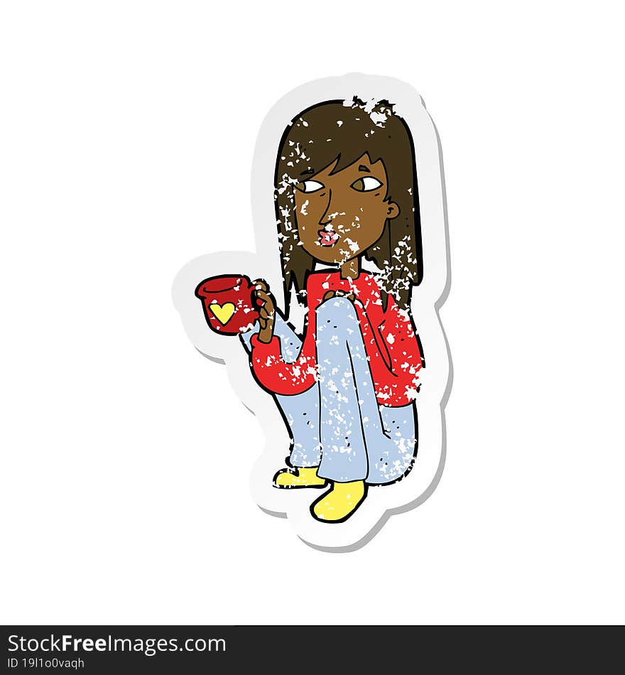 retro distressed sticker of a cartoon woman sitting with cup of coffee