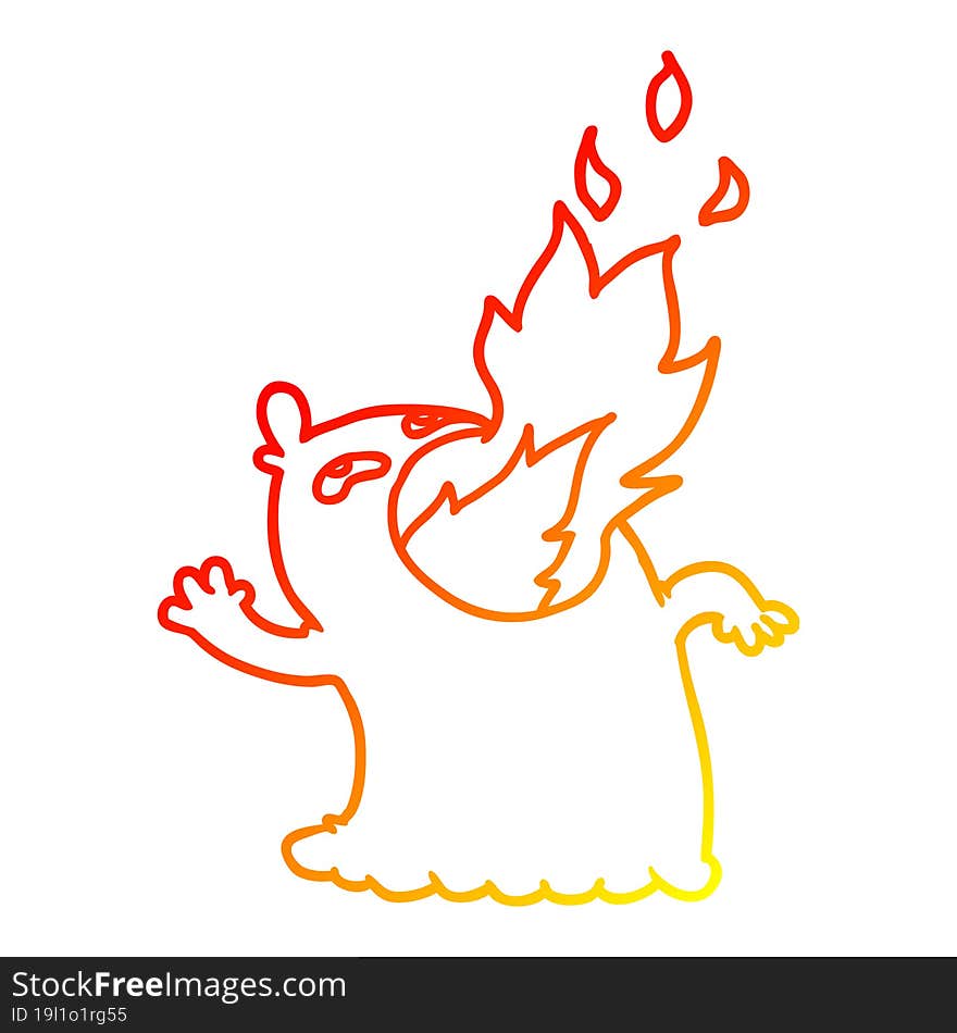 warm gradient line drawing of a cartoon fire breathing ghost