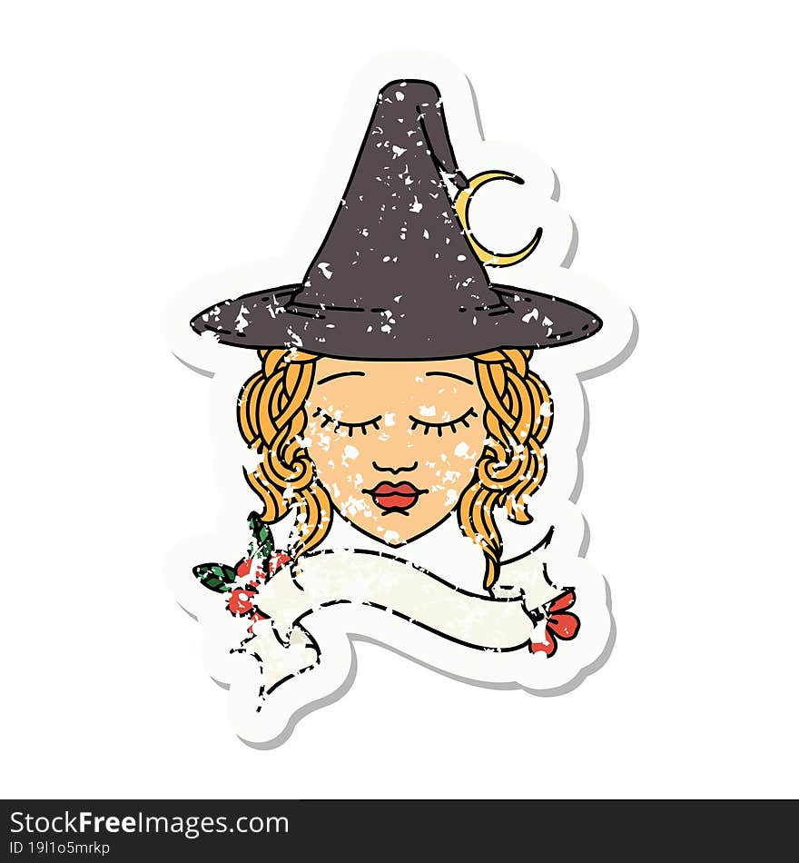 grunge sticker of a human witch character face. grunge sticker of a human witch character face