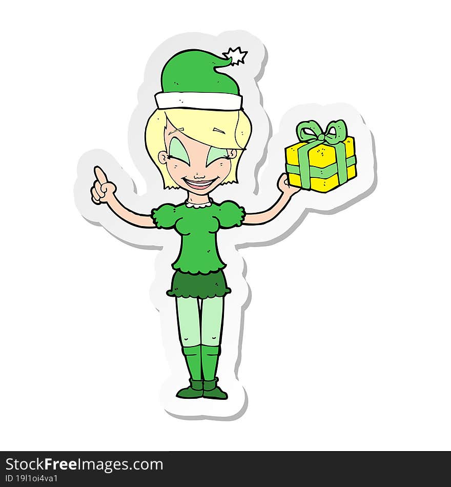 Sticker Of A Cartoon Woman With Christmas Present