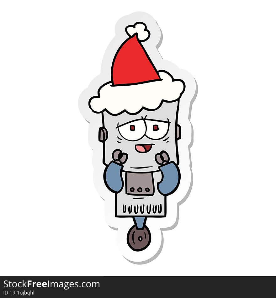 hand drawn sticker cartoon of a robot wearing santa hat