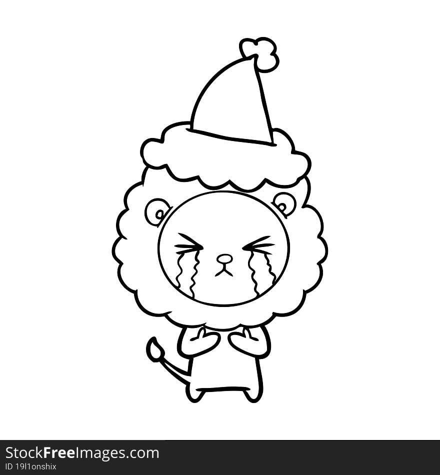 line drawing of a crying lion wearing santa hat